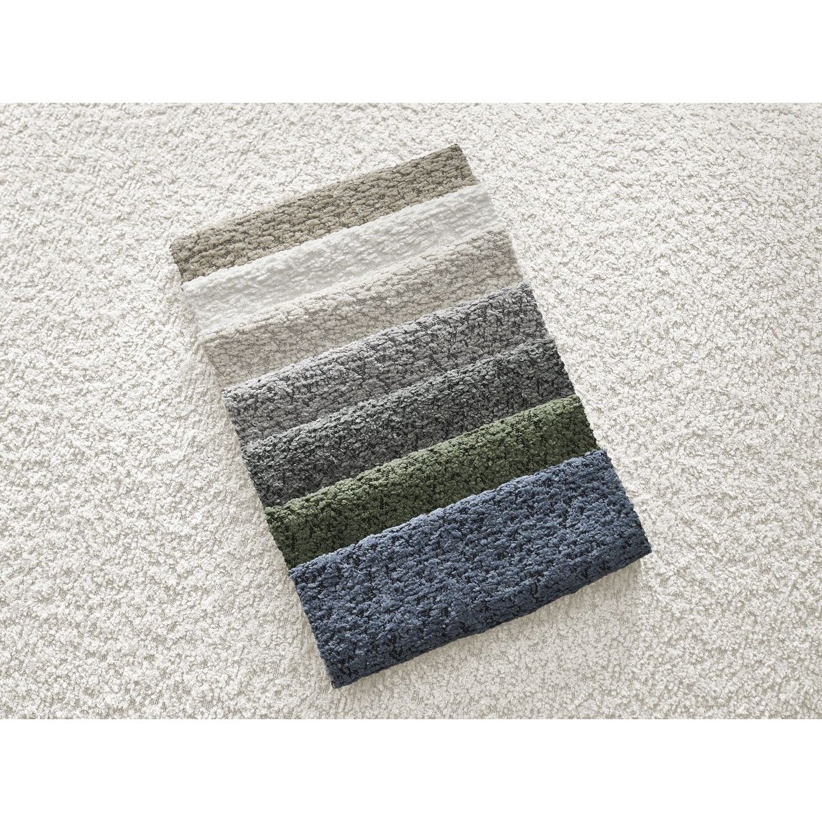 Canapé d'angle fixe 4 places en tissu bouclette avec pouf, ASHLEY blanc, BOBOCHIC