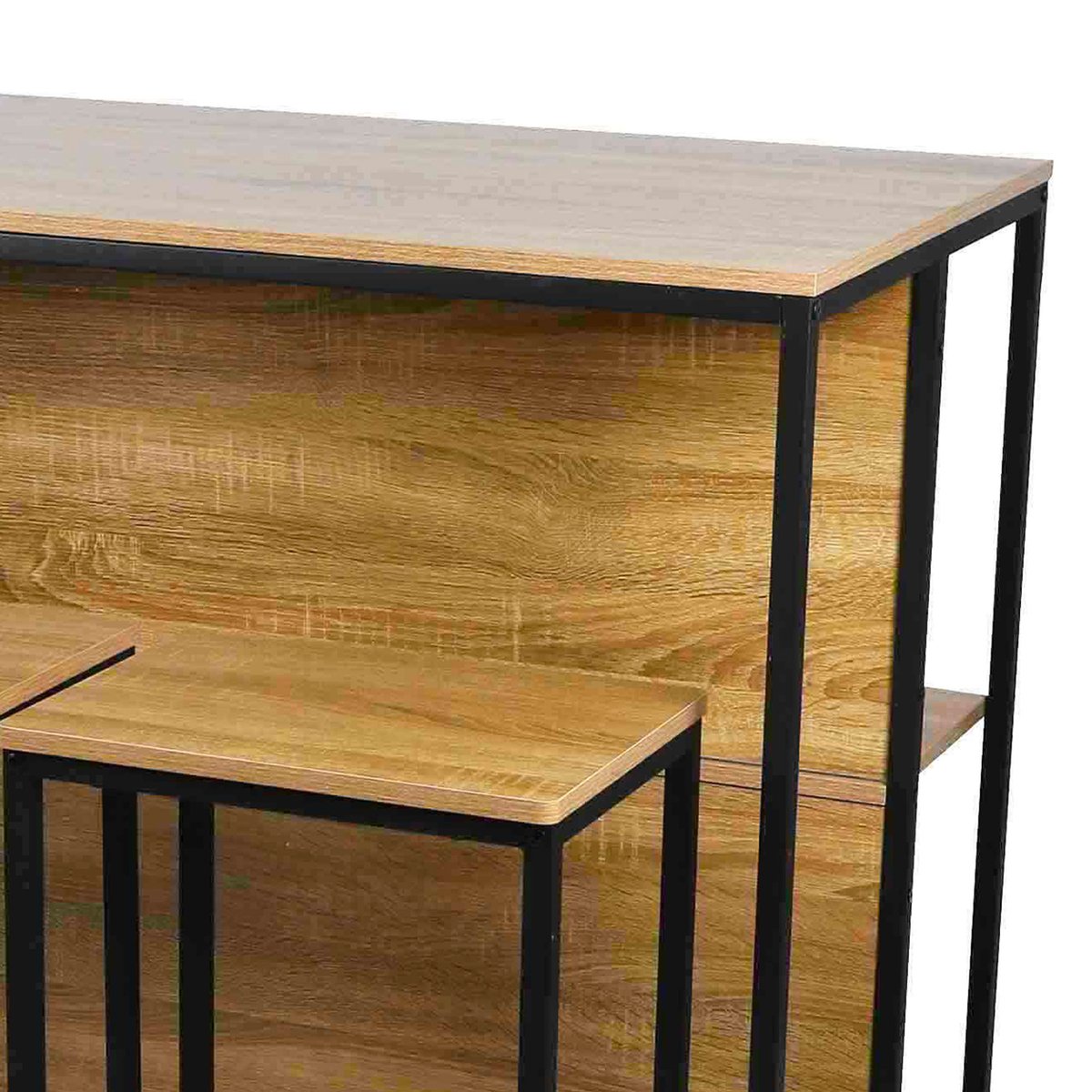 Ilot table de bar 2 Tabourets 2 étagères métal noir et bois 100x60x95cm bois, WADIGA