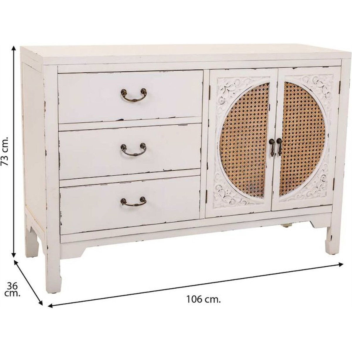 Enfilade rectangulaire en bois et rotin blanc antique et rotin naturel, RECOLLECTION