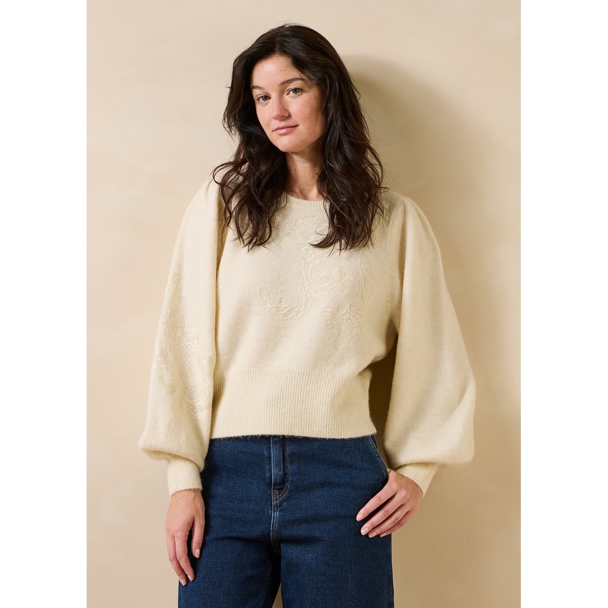 Pull manches longues col rond ecru, LA FEE MARABOUTEE