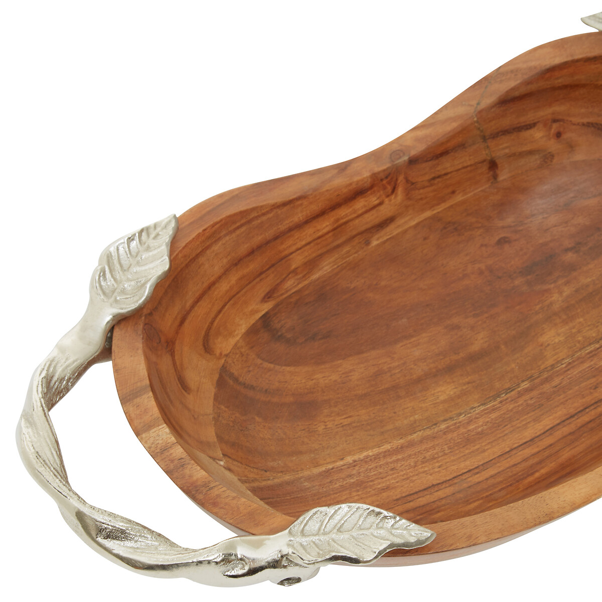 Large Acacia Wood Oval Bowl with Aluminium Leaf Handle brown, SO'HOME