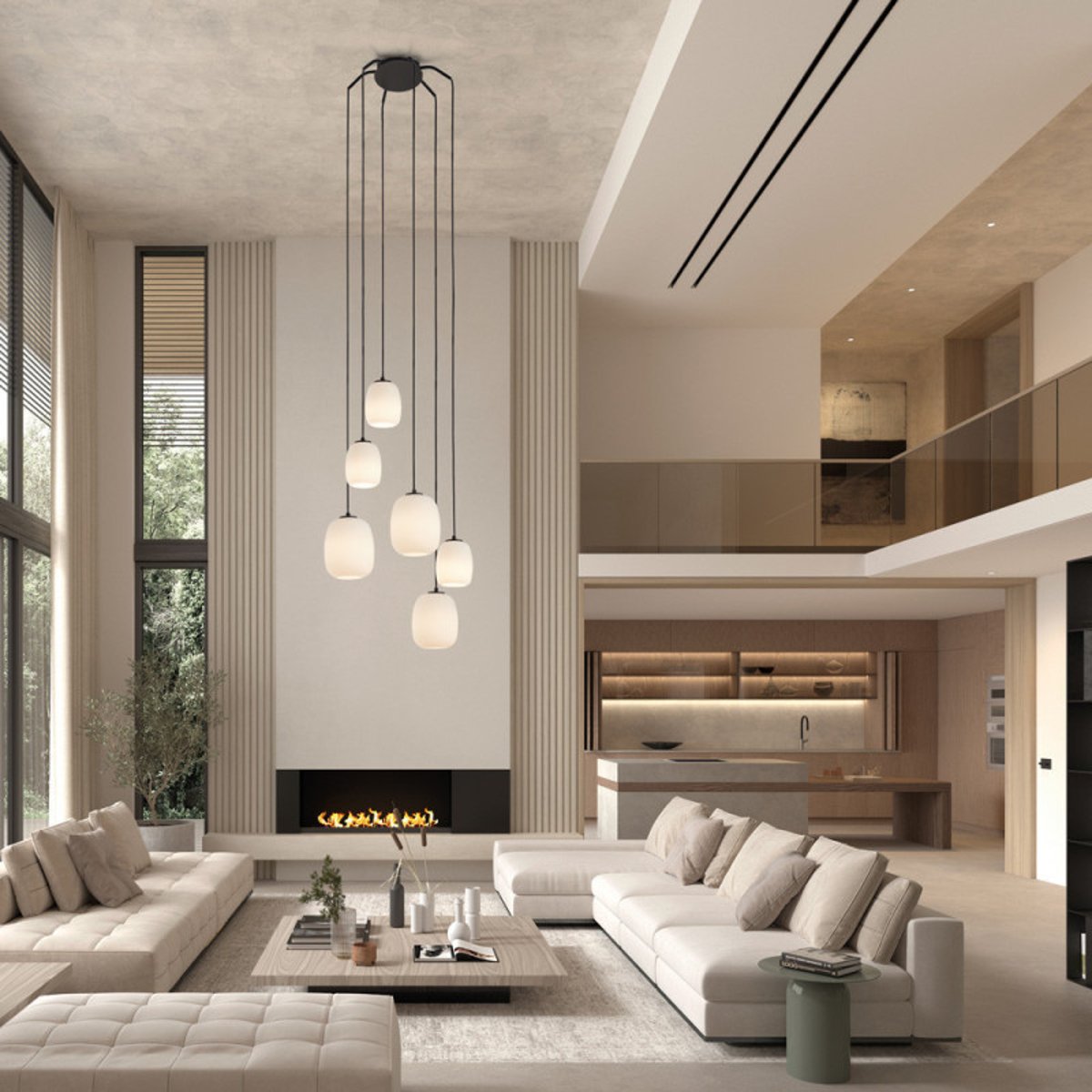 Grande suspension 6 lampes verre opale Jap noir noir, MILLUMINE
