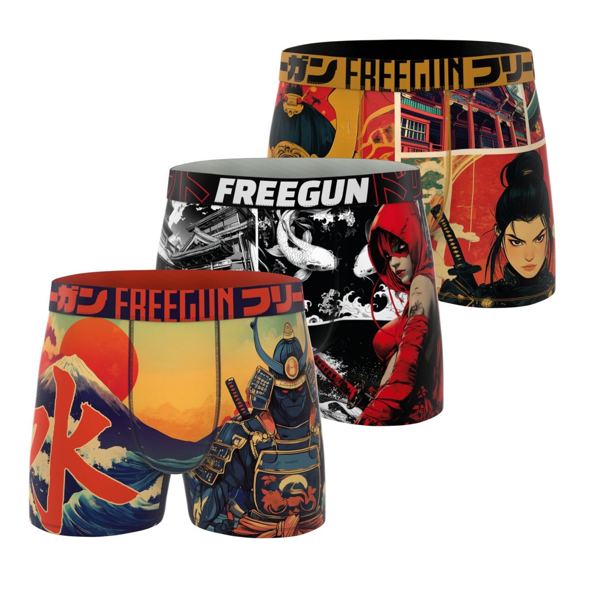 Lot De 3 Boxers Manga Estampe rouge/orange/jaune/beige/bleu, FREEGUN