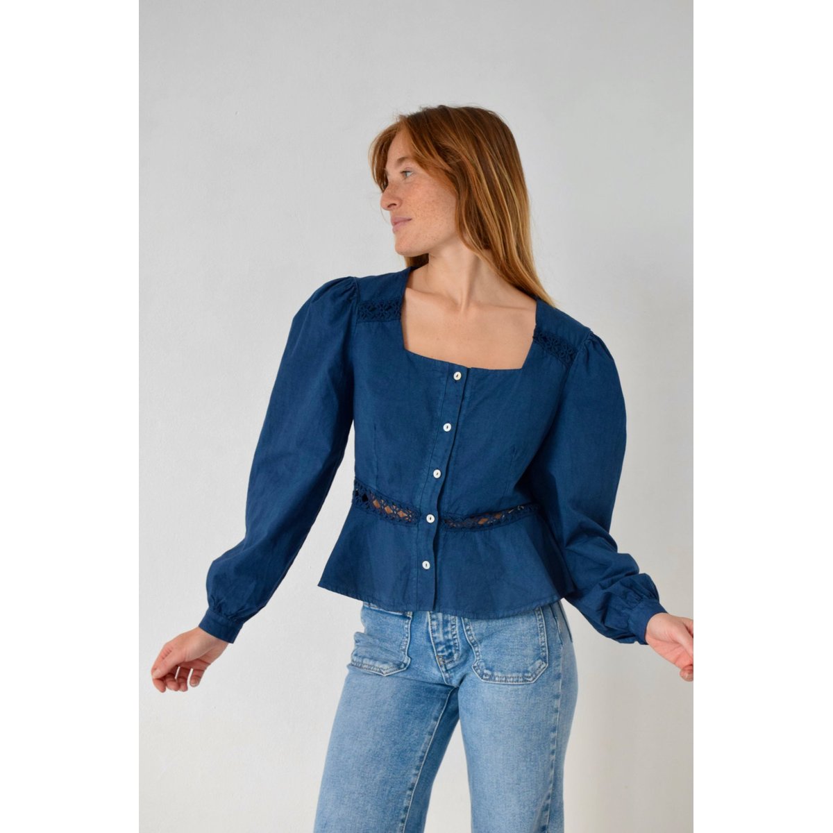 Blouse popeline dentelle ROMA bleu marine, MINDTRAVELER