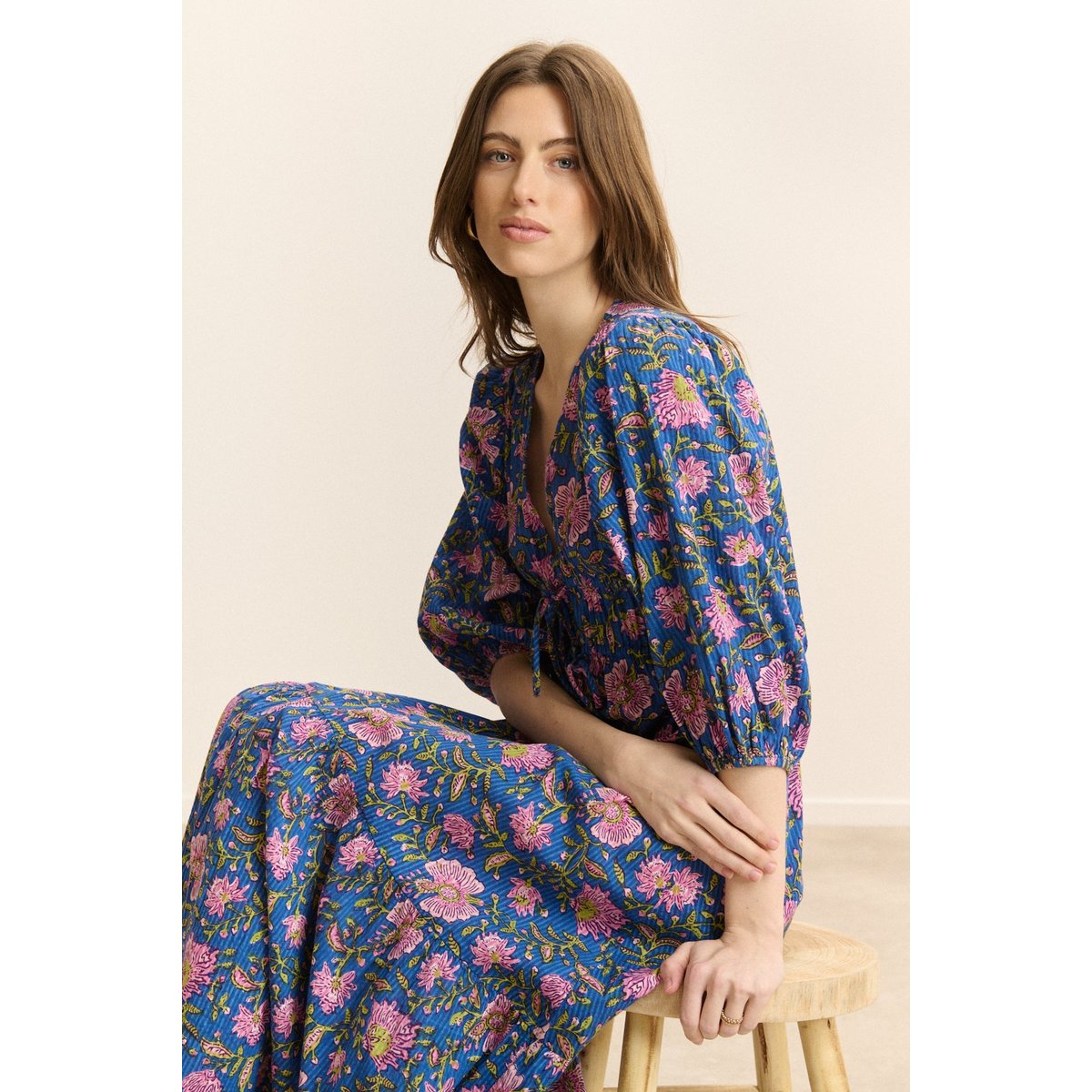 Robe midi manches 3/4 imprimée VANINA bleu, GARANCE PARIS 
