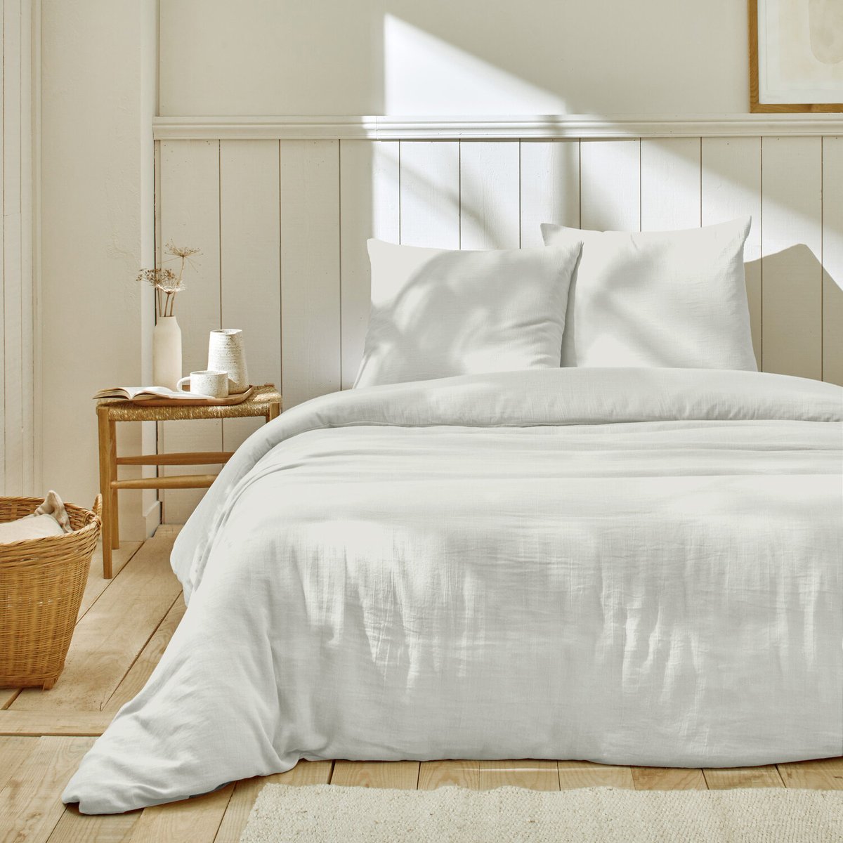 Parure housse de couette en gaze de coton unie, OZEN ivoire, C DESIGN HOME TEXTILE