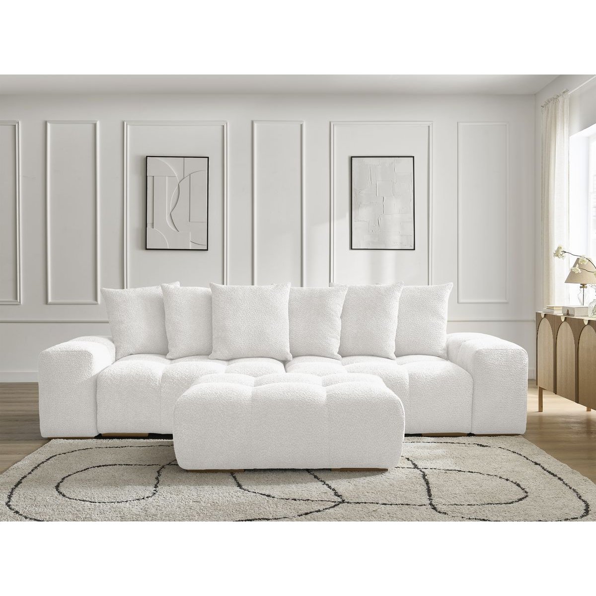Canapé droit convertible 4 places en tissu bouclette avec pouf, ANAKIN blanc, BOBOCHIC