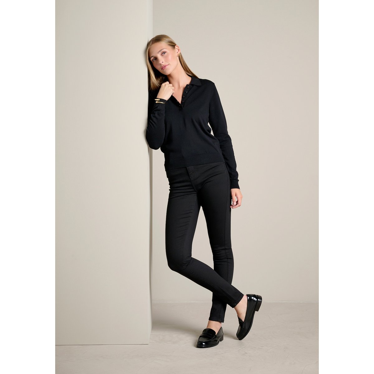 Pull col polo boutonné noir, LOLALIZA