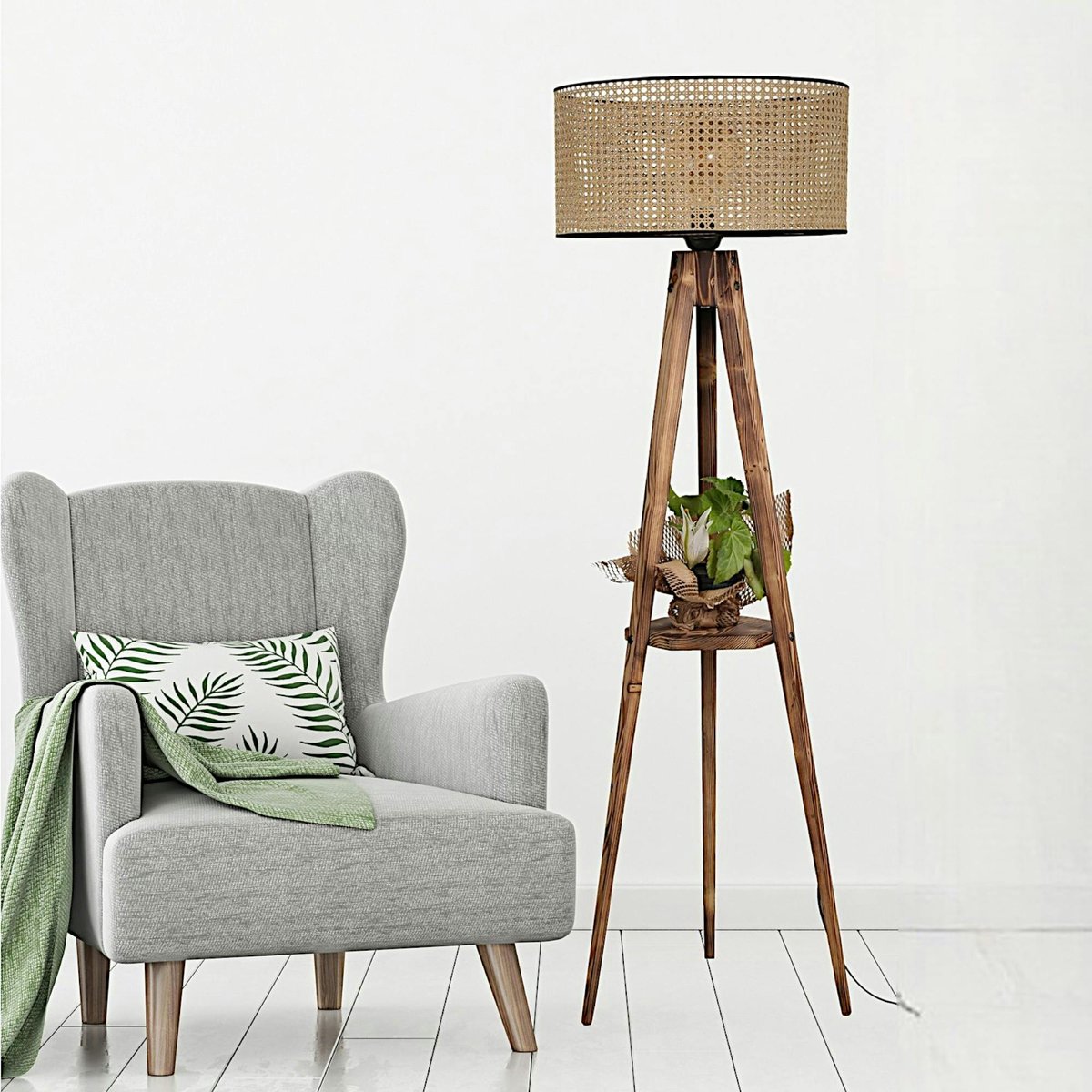 Lampadaire trépied effet bois avec abat-jour cannage KILIS beige, PIER IMPORT