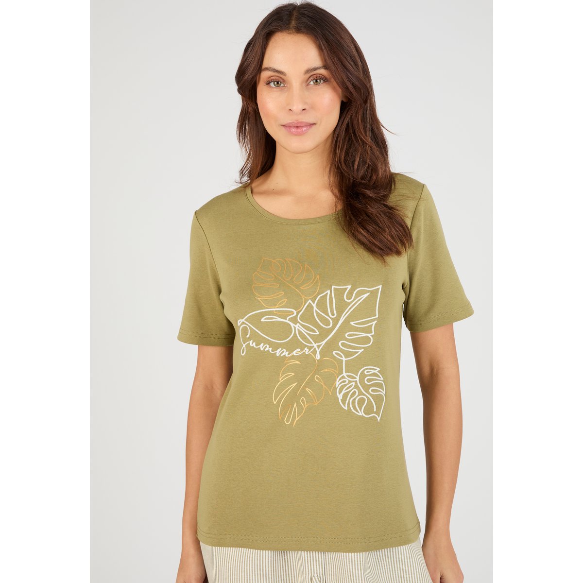 T-shirt brodé pur coton vert kaki grisé, DAMART