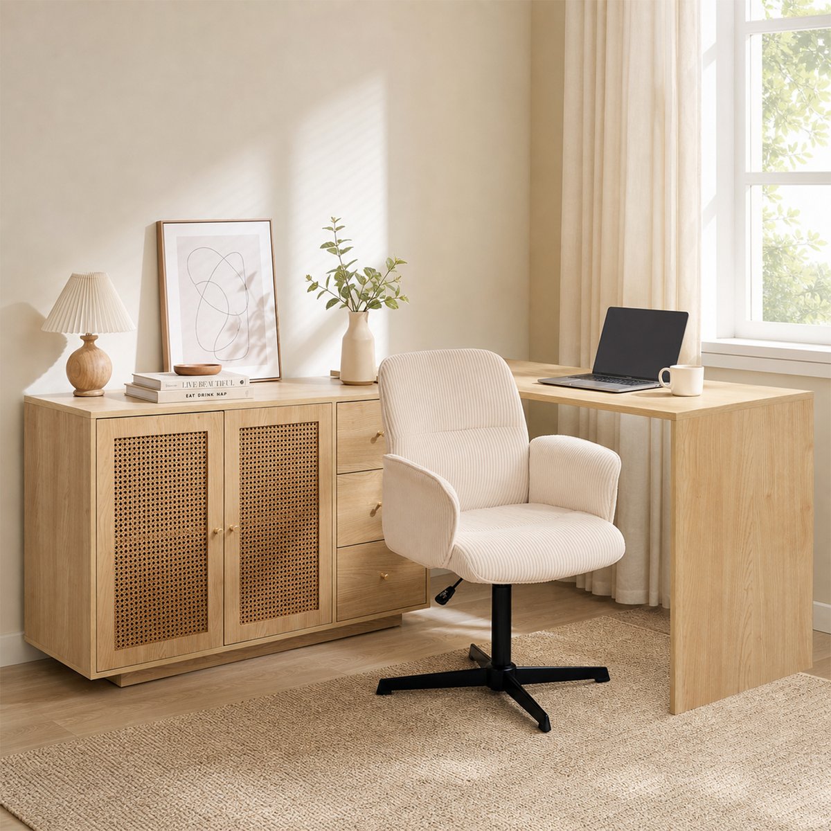 Ensemble de bureau d’angle rotatif avec portes rotin et chaise de bureau, DICCPERNTHOMASINACORD beige, MEUBLES COSY