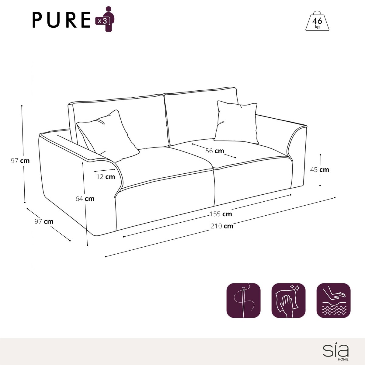 Canapé 3 places en velours texturé PURE crème, SIA HOME