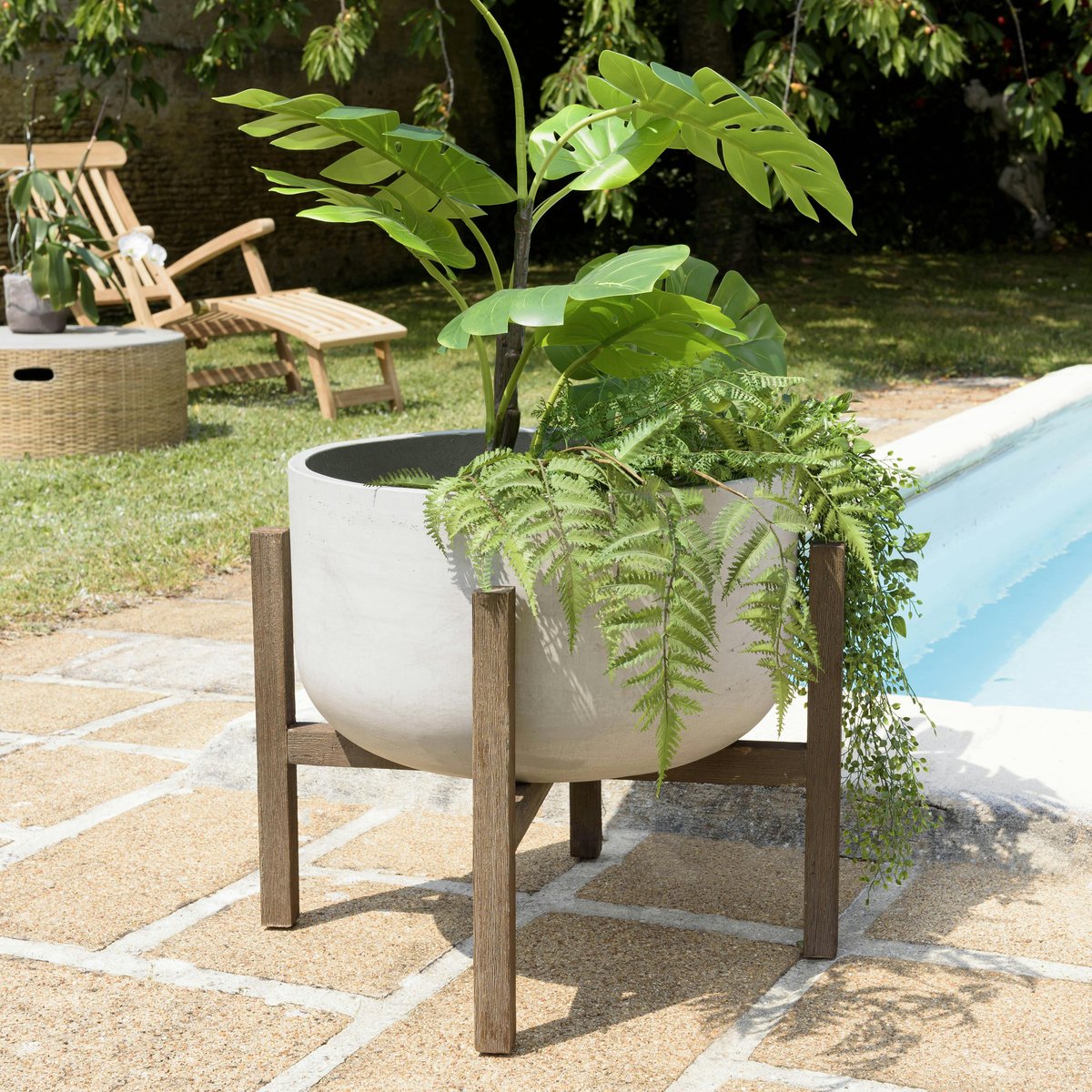 Pot de fleurs rond en béton pieds acacia D53 cm HERCULE gris, PIER IMPORT