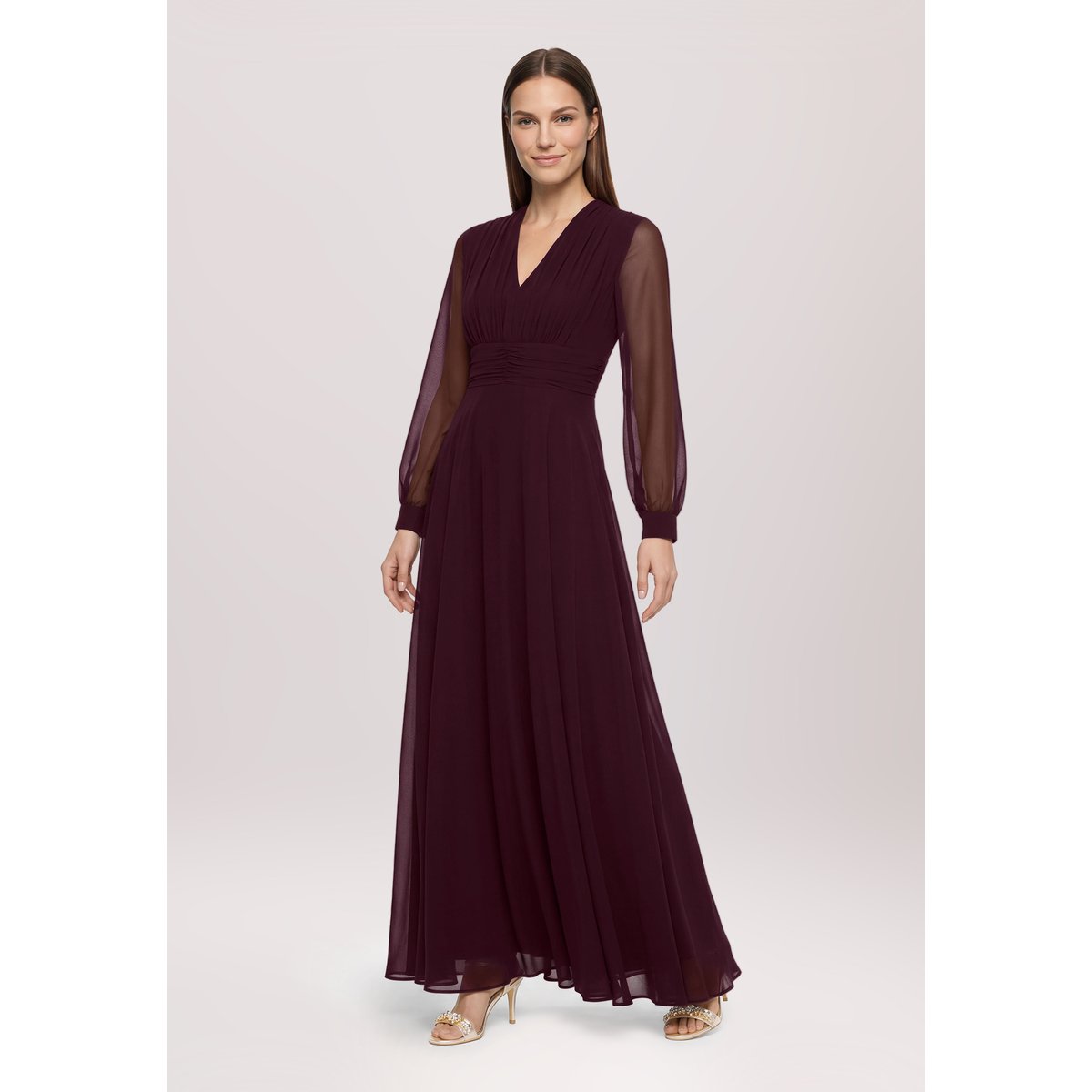Robe de soirée à fronce strong aubergine, VERA MONT
