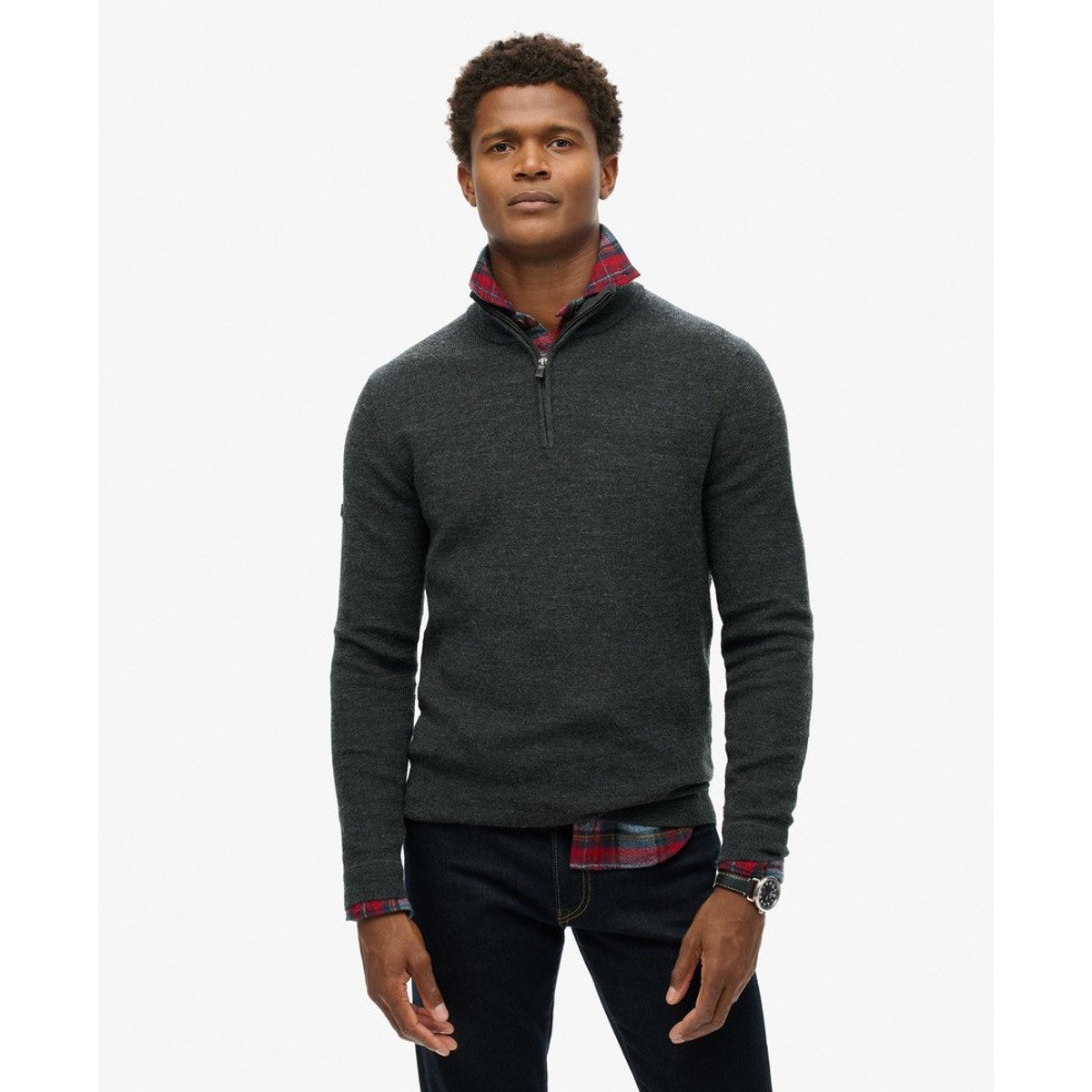 Pull semi-zippé en laine mérinos anthracite foncé chiné, SUPERDRY