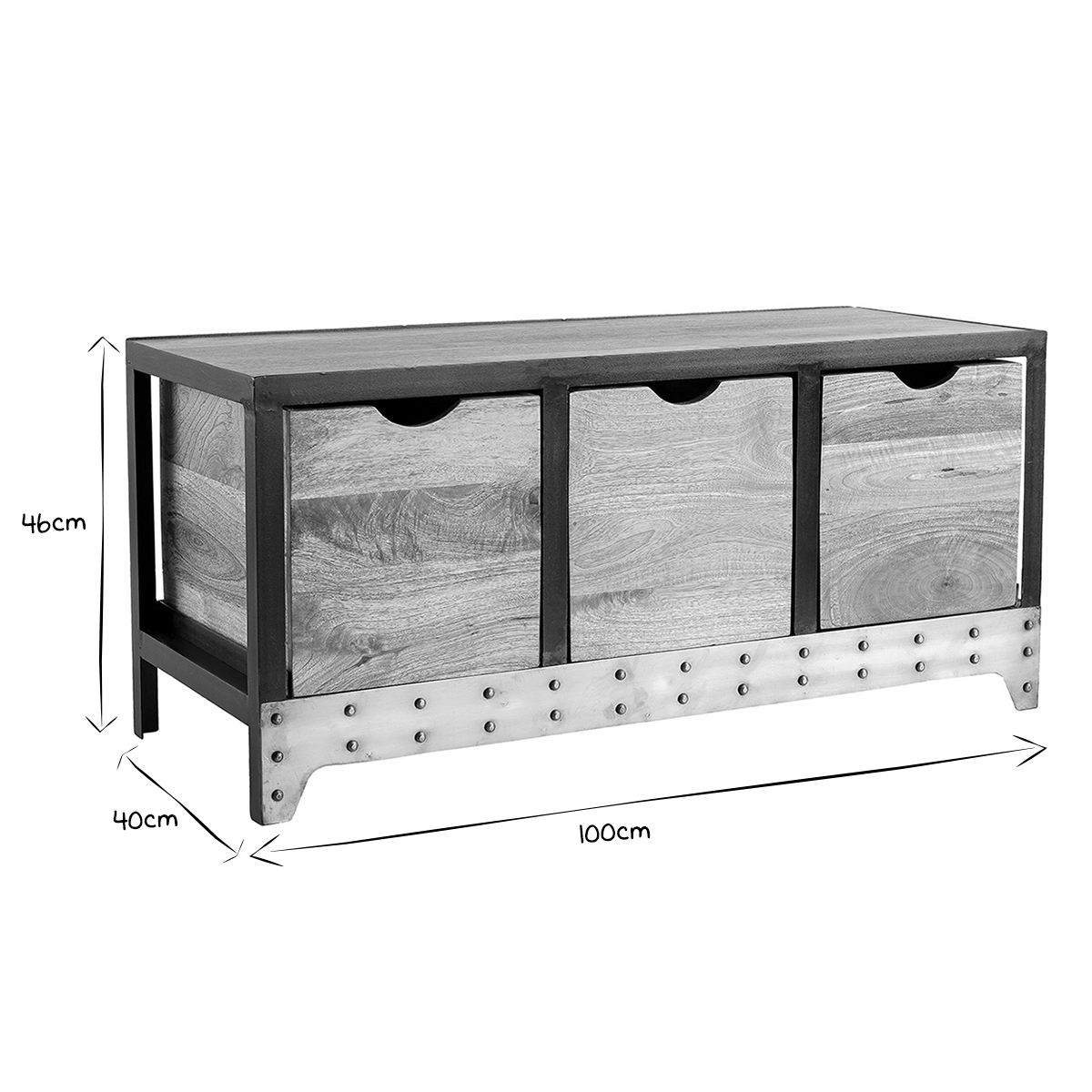 Meuble de rangement industriel en bois manguier massif et métal noir 3 tiroirs L100 cm ATELIER bois clair / noir, MILIBOO