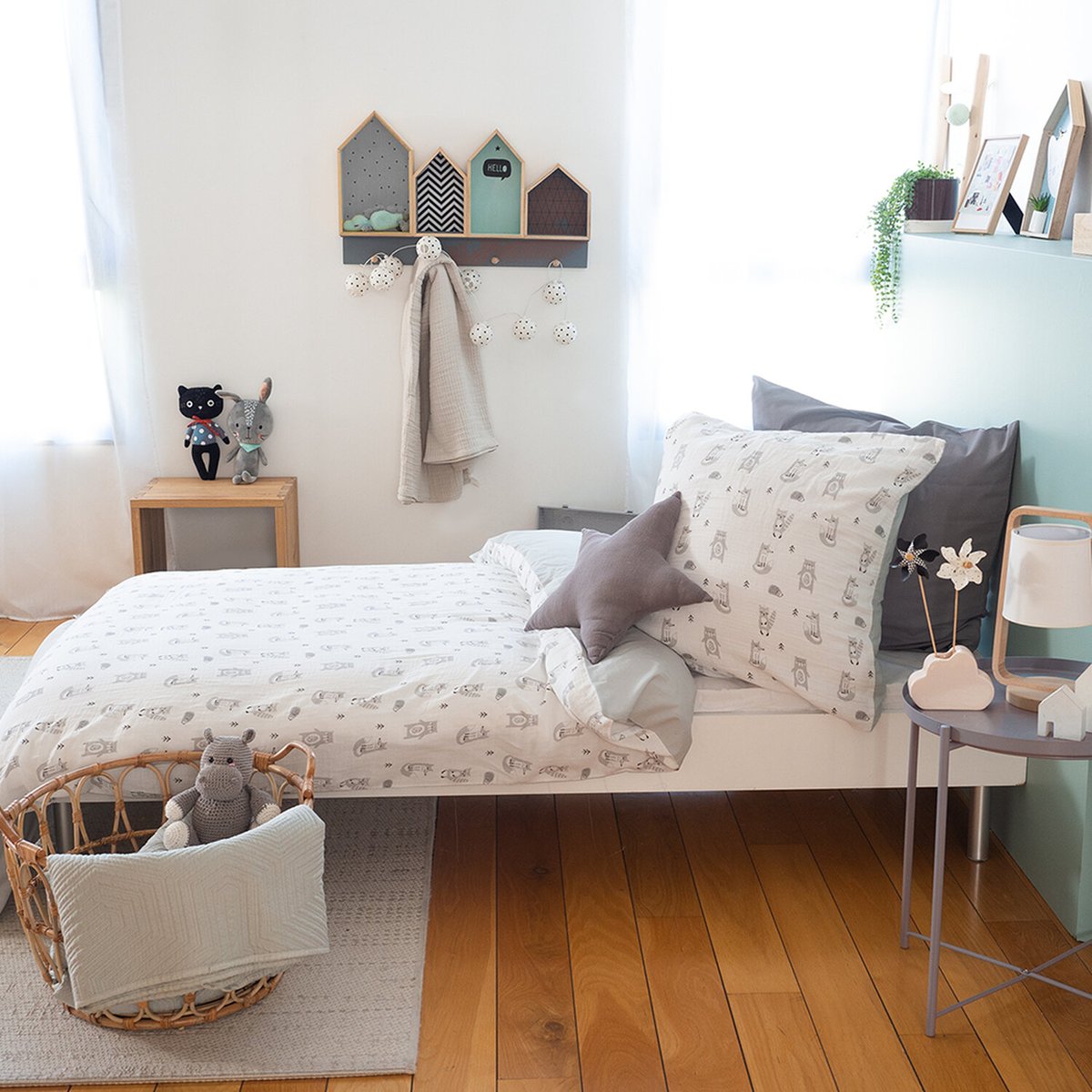 Parure de lit enfant + taie en gaze de coton, Foret gris, C DESIGN HOME TEXTILE