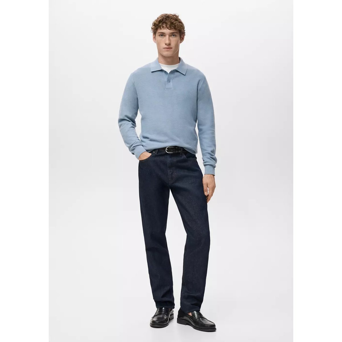 Pull-over polo coton microstructure bleu ciel, MANGO MAN
