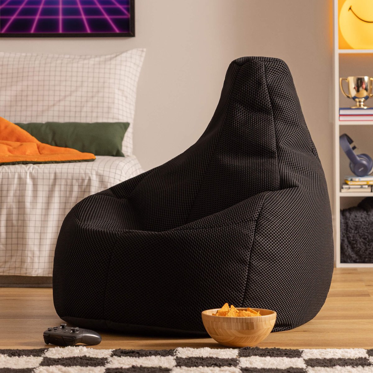 Pouf de gaming à dossier haut en mesh tech Oeko-Tex® - DALTON noir, ICON