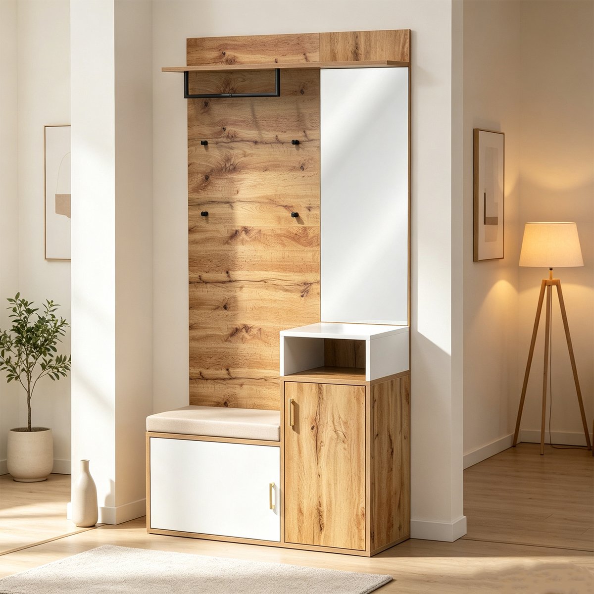 Vestiaire d'entrée avec miroir banc et rangement, PORTER-I blanc, MEUBLES COSY