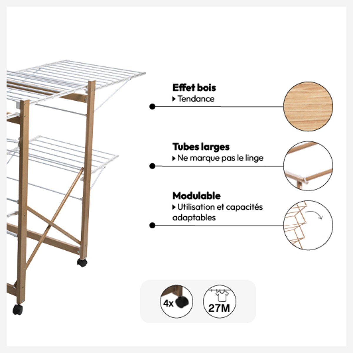 Étendoir à linge 4 roues 27m BARA blanc, 5FIVE SIMPLY SMART