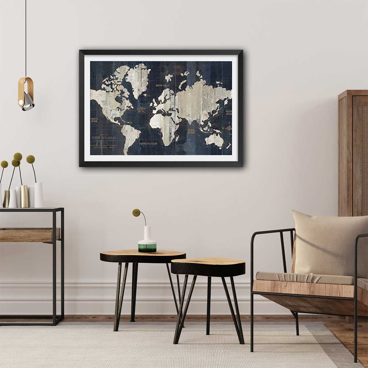 Affiche carte du monde voies navigables affiche + cadre en bois - noir, HEXOA