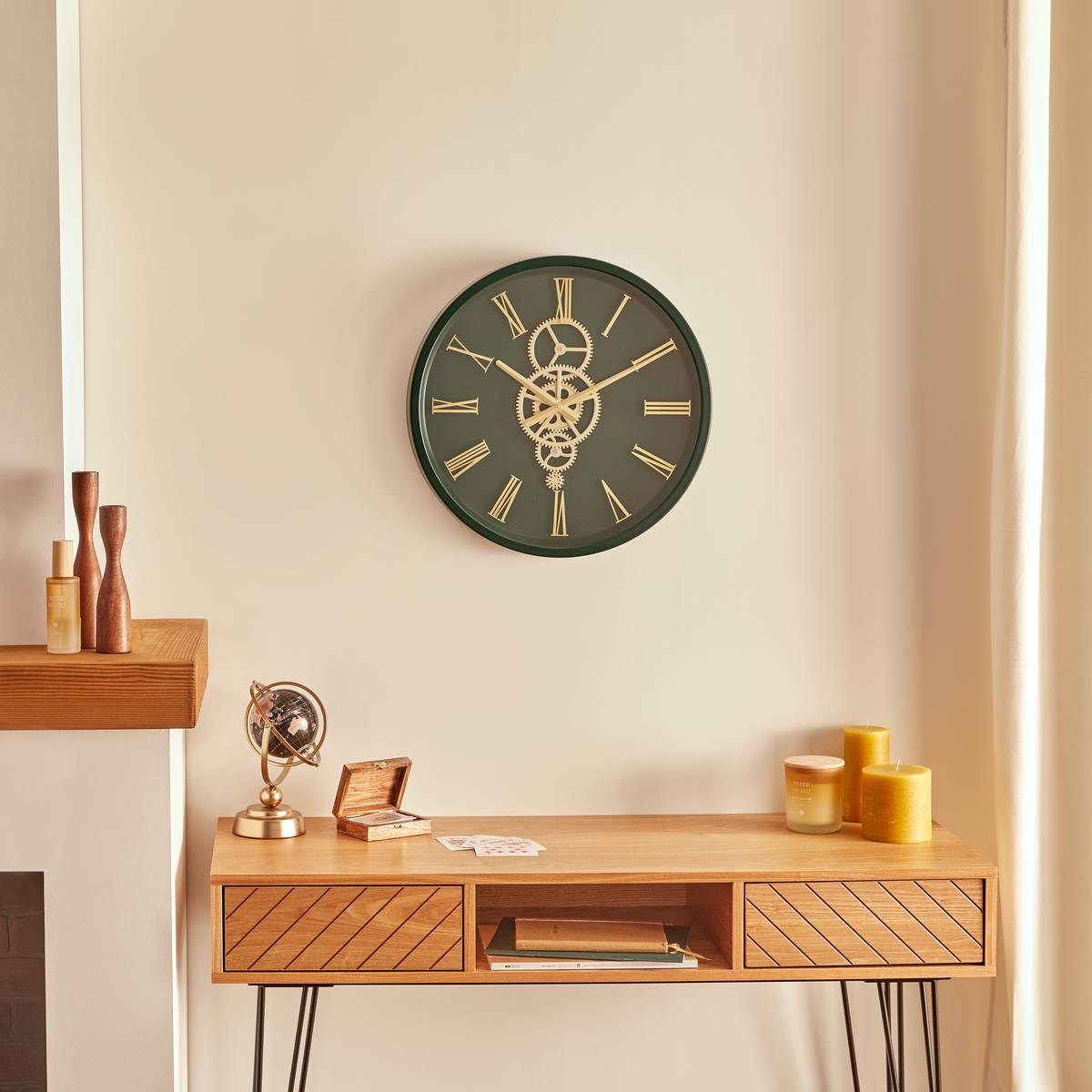 Horloge murale métal design ancien rouages mobiles ARACELY vert, ATMOSPHERA