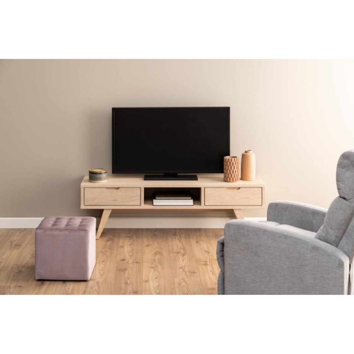 Meuble TV scandinave en chêne blanchi - ALISIA bois clair, HELLIN, DEPUIS 1862