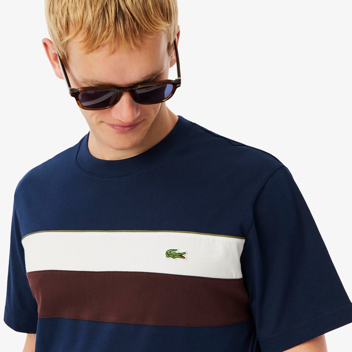 T-shirt jersey color-block bleu-6wz, LACOSTE