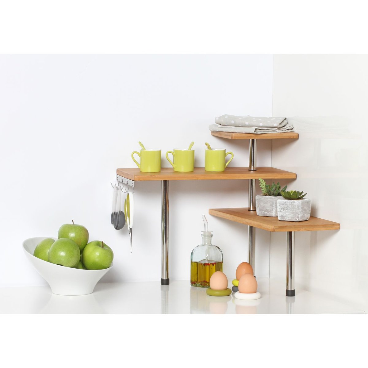 Etagère d'angle 3 niveaux avec crochets en bambou beige, SECRET DE GOURMET