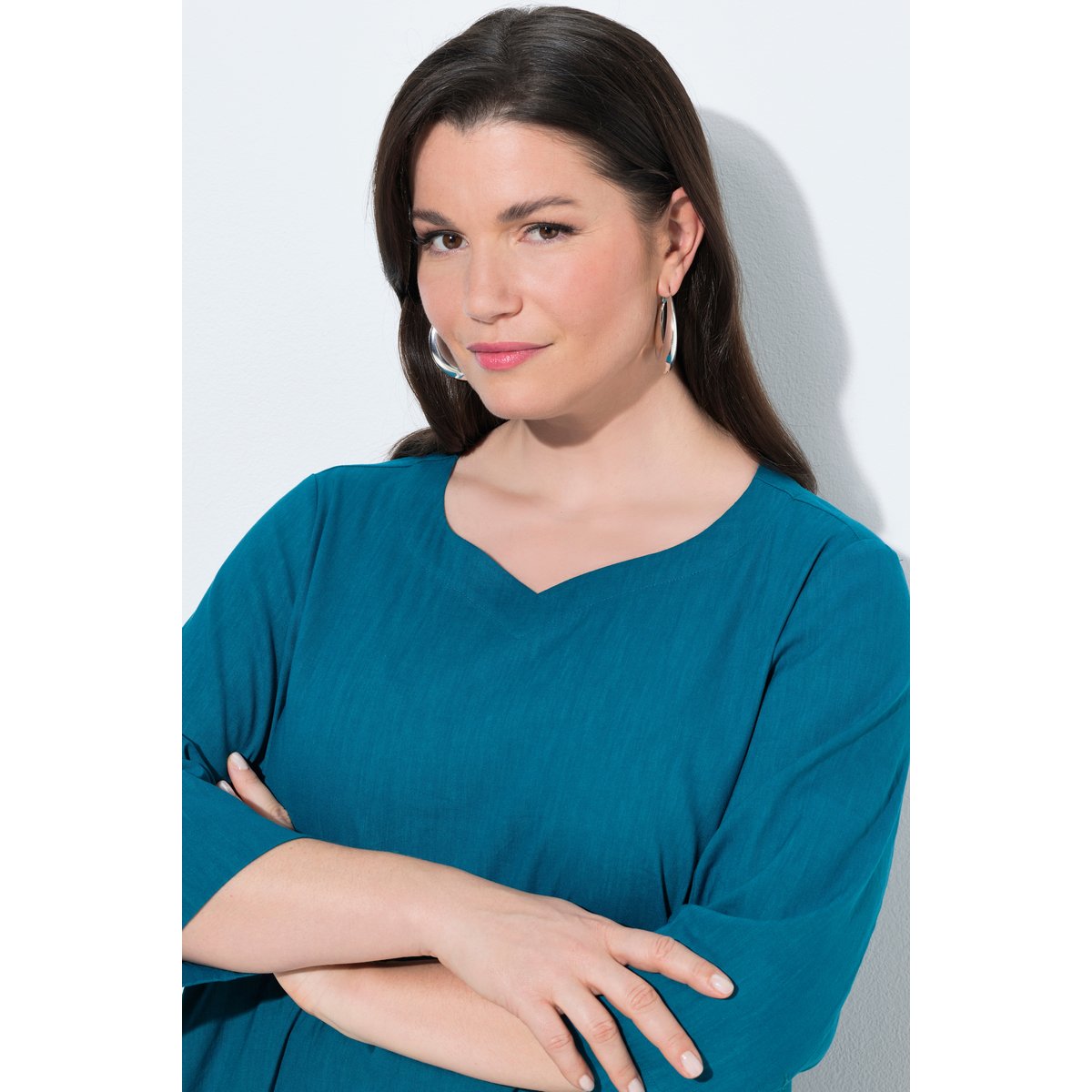 Blouse en lin mélangé pétrol, ULLA POPKEN