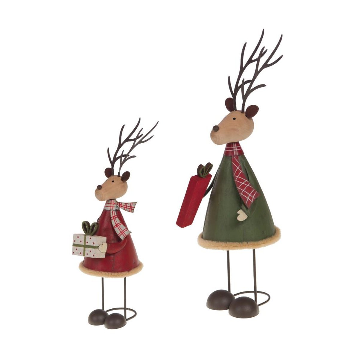 Set de 2 rennes de Noël à poser 22 cm en métal et rouge vert, AMADEUS