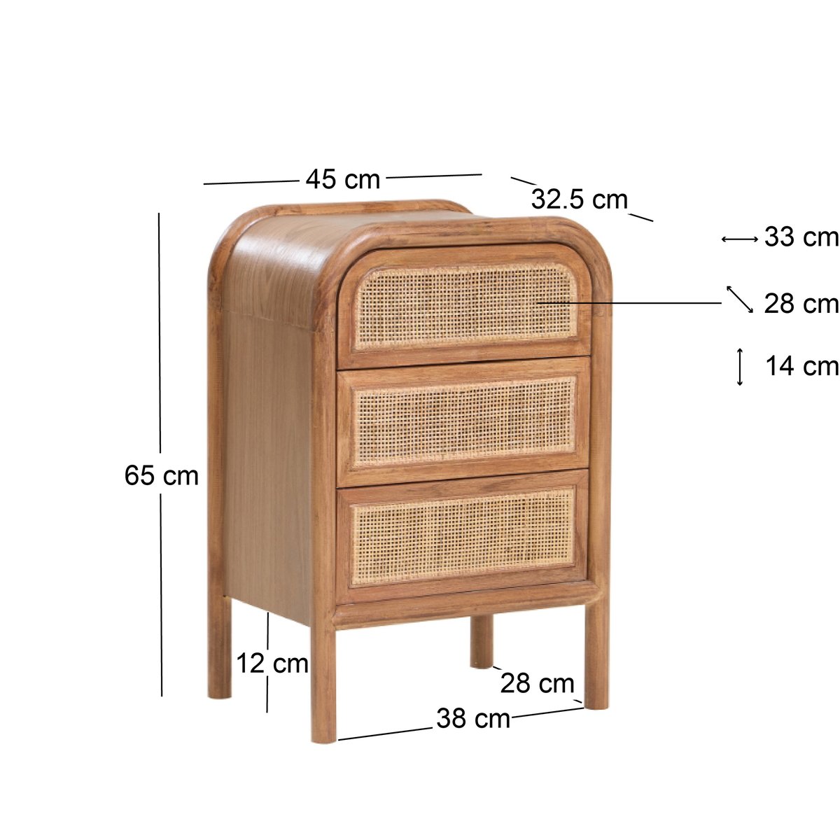 Table de chevet 3 tiroirs en rotin et bois de noyer, LIEPAJA noyer, NORDLYS
