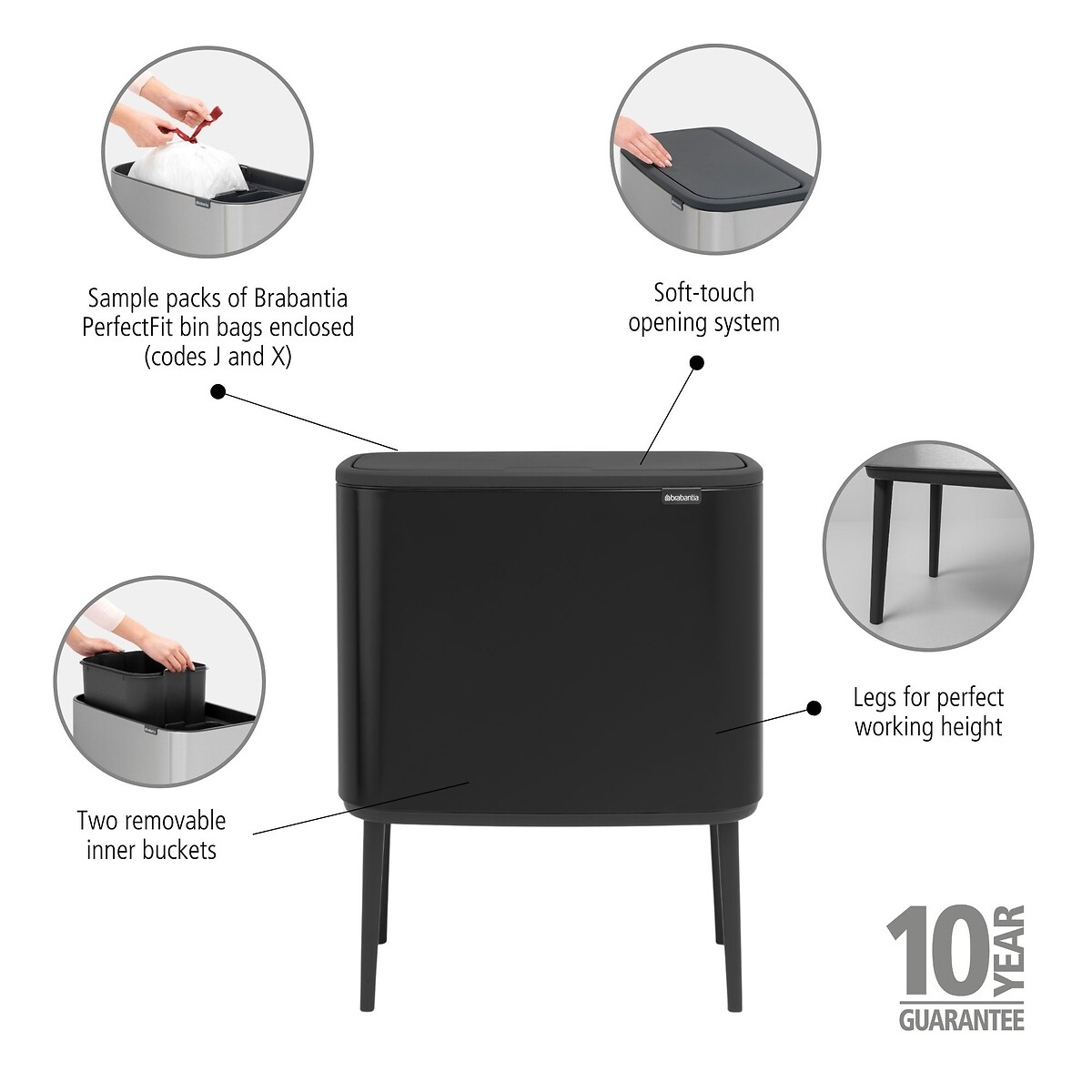 Bo Touch Bin, 11 + 23L matt black, BRABANTIA