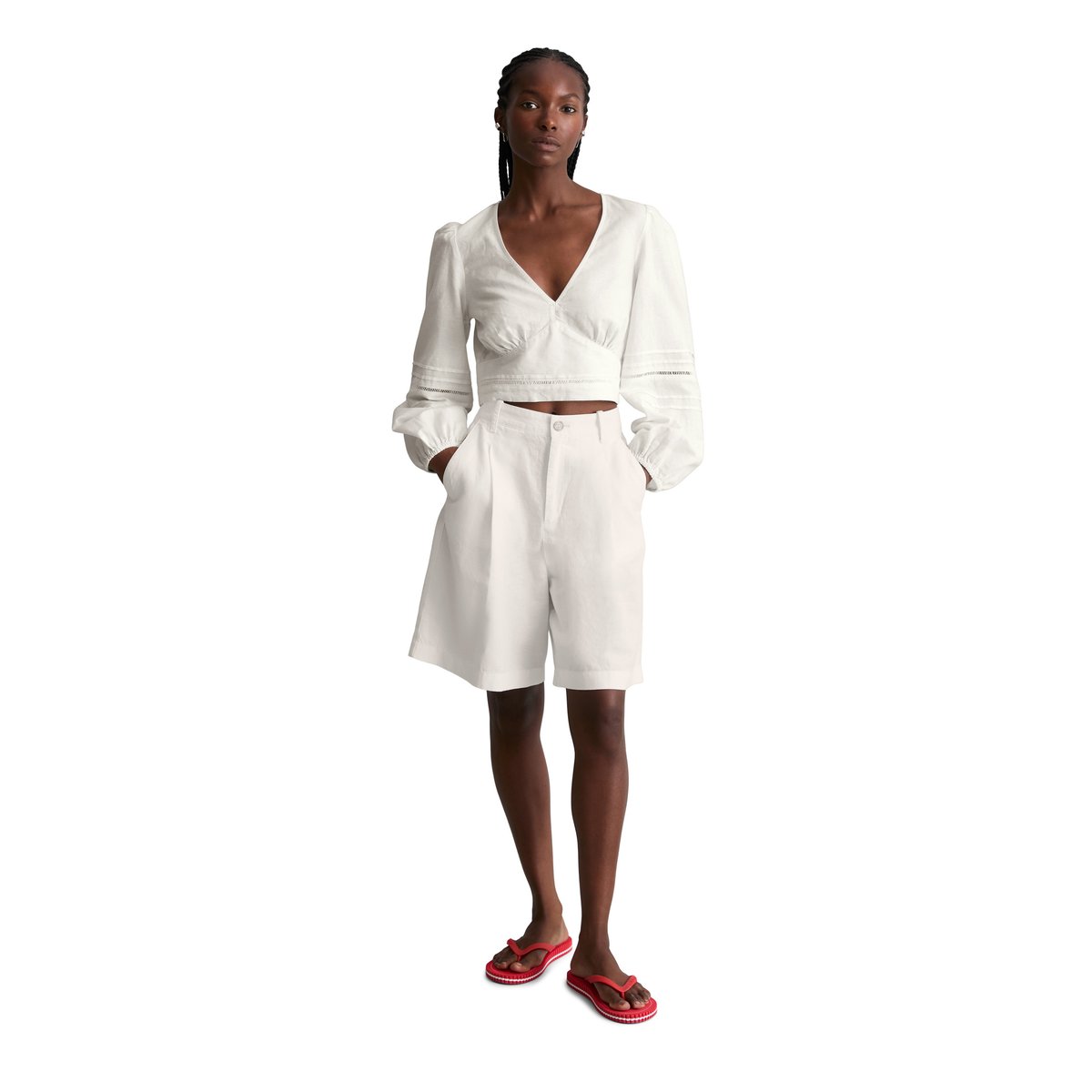 Chemisier portefeuille boho slim en mélange de lin et de coton blanc, MARC O’POLO DENIM