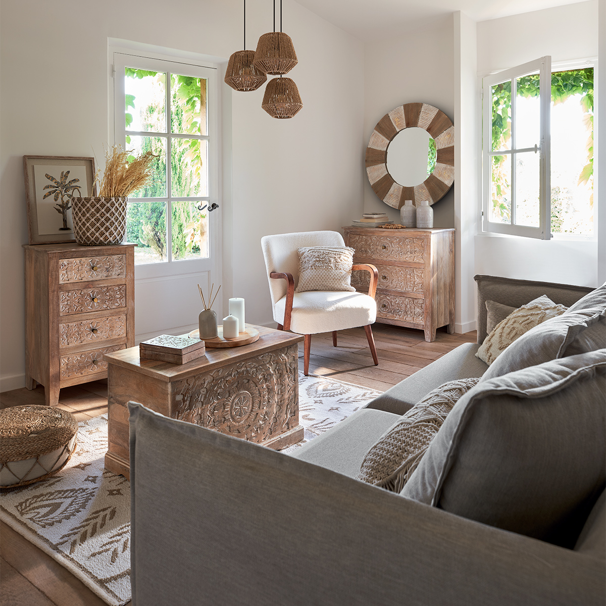 Commode 3 tiroirs bois de manguier SHIREL beige, ATMOSPHERA