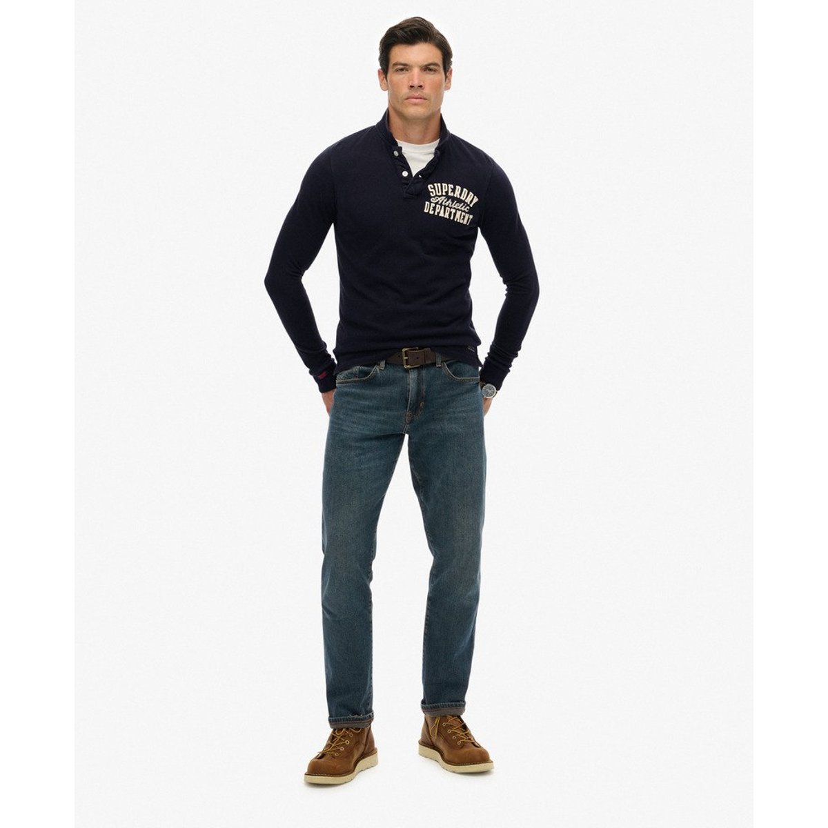 Polo à manches longues Vintage Athletic bleu marine éclipse, SUPERDRY