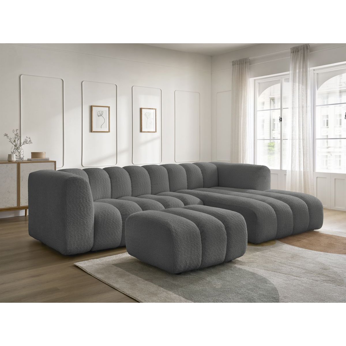 Canapé d'angle fixe 4 places en tissu bouclette avec pouf, TALIA gris foncé, BOBOCHIC