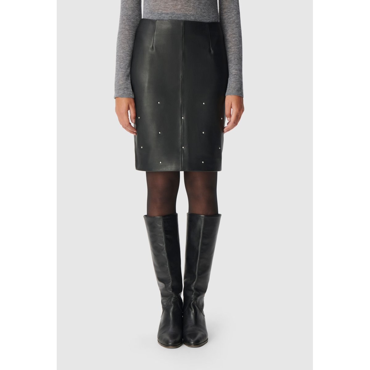 Jupe cuir décor clous forme crayon noir, IKKS