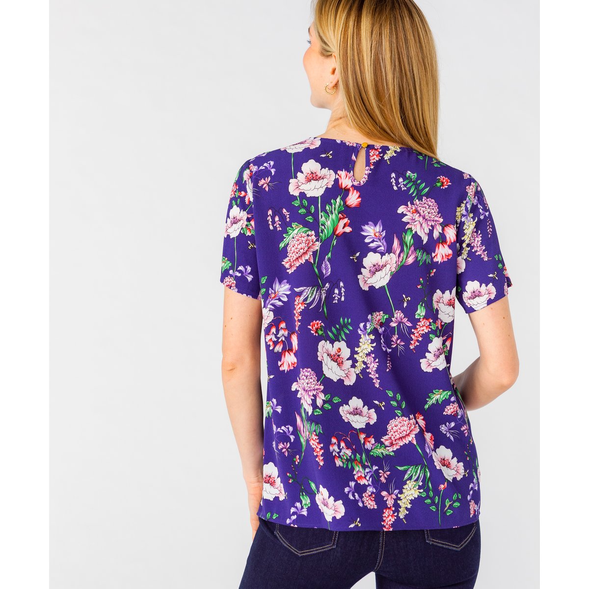 Blouse crêpe stretch bleu marine fleuri, DAMART