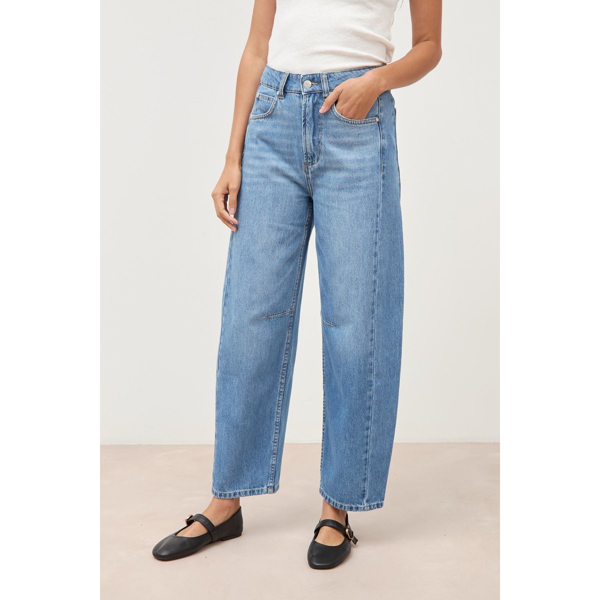 Jeans barrel taille haute broderie denim used, BONOBO