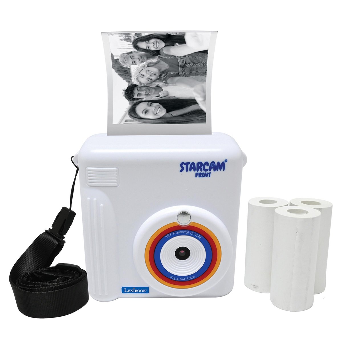 Starcam® Print, pack caméra avec imprimante instantanée, 3 rouleaux de papier et dragonne blanc, LEXIBOOK