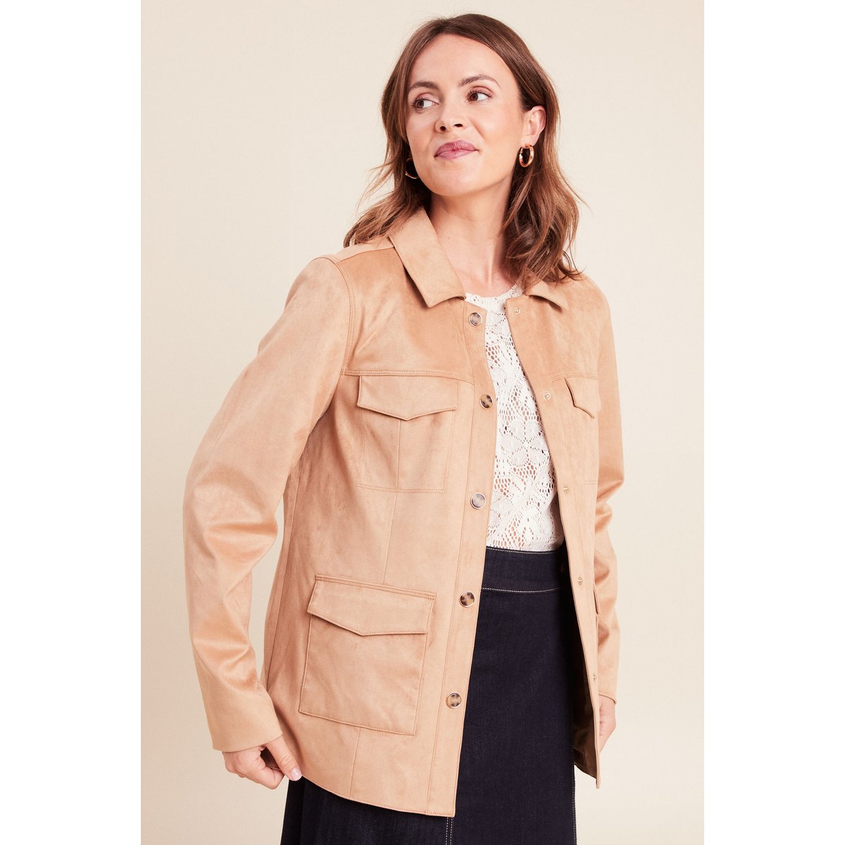 Veste droite longue aspect daim marron clair, BREAL