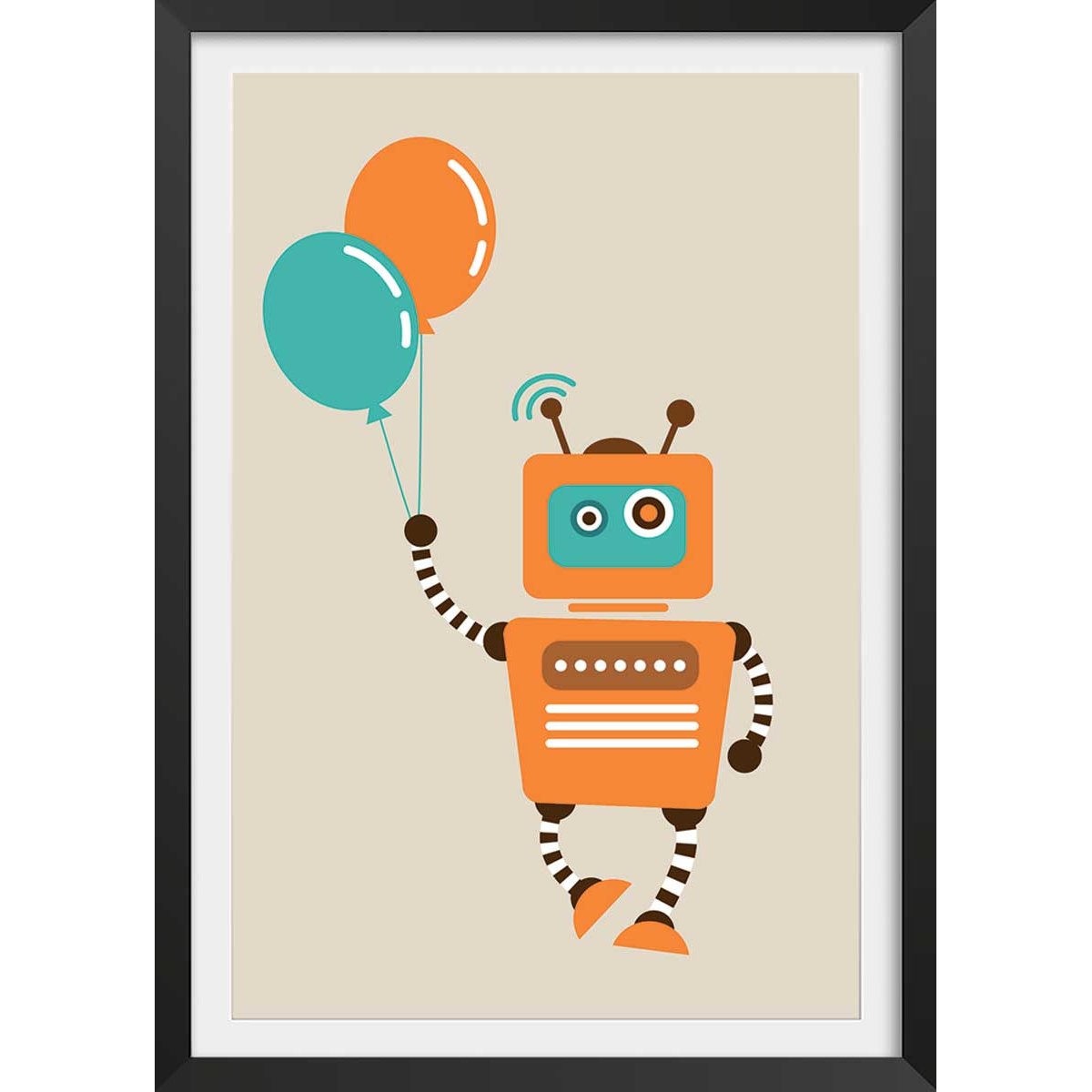 Affiche robot aux ballons affiche + cadre en bois - noir, HEXOA