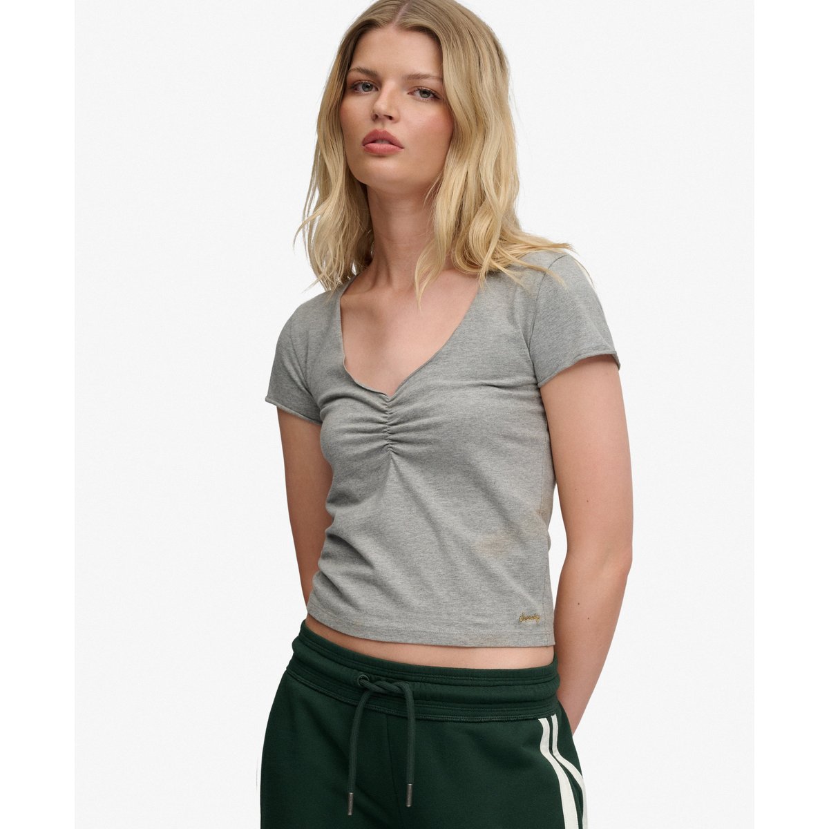Top Manches Courtes Froncé Athletic Essentials gris chiné, SUPERDRY