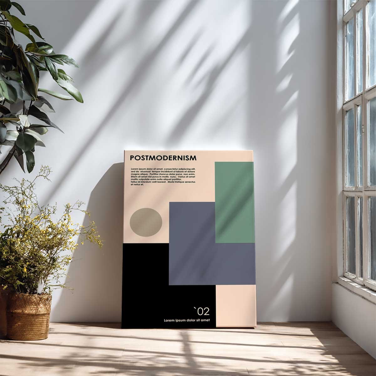 Tableau postmodernisme formes géométriques beige et vert toile imprimée, HEXOA