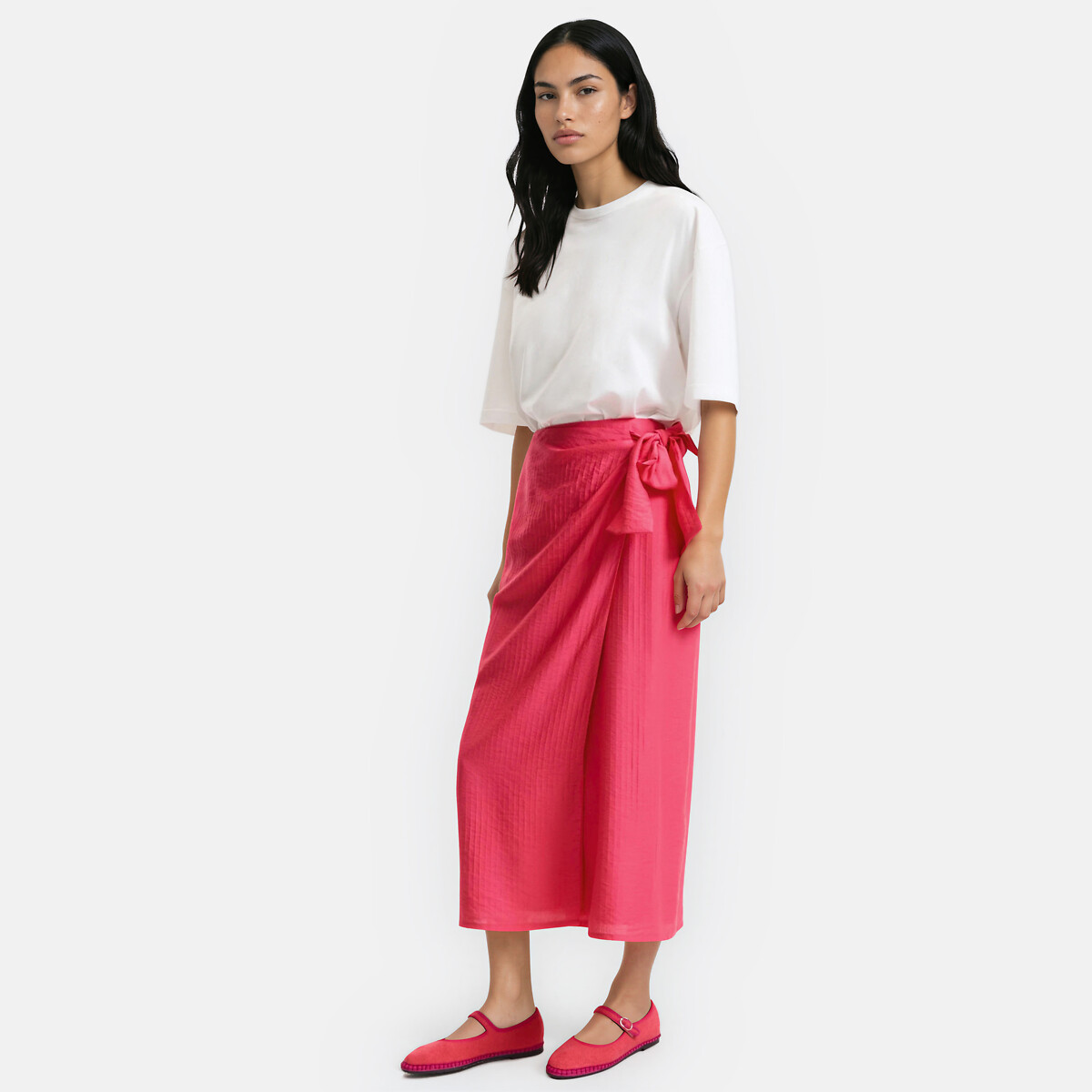 Jupe midi portefeuille à nouer rose fuchsia, LA REDOUTE COLLECTIONS