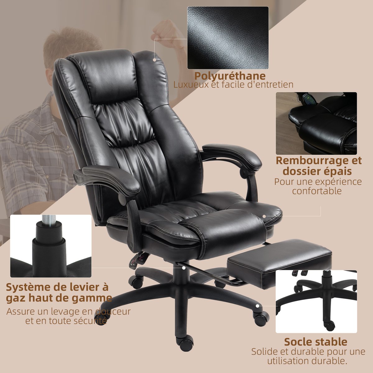 Fauteuil de bureau avec fonction massage noir, HOMCOM