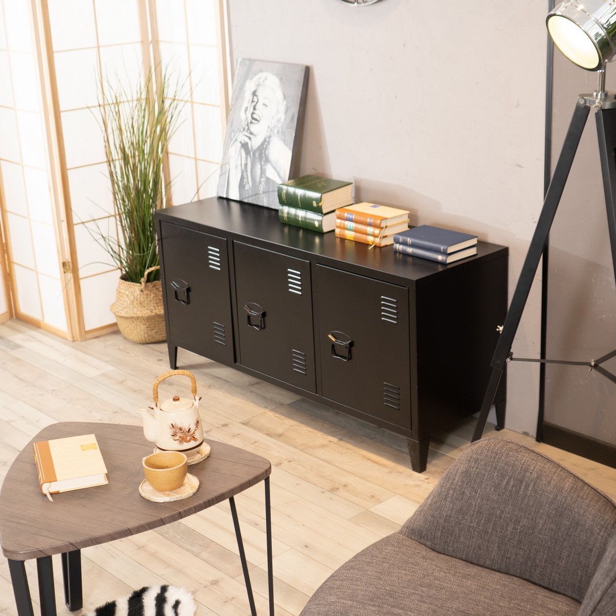 Armoire de rangement bas h58cm 3 portes 2 étagères en métal style industriel, MATAPOURI noir, MEUBLES COSY
