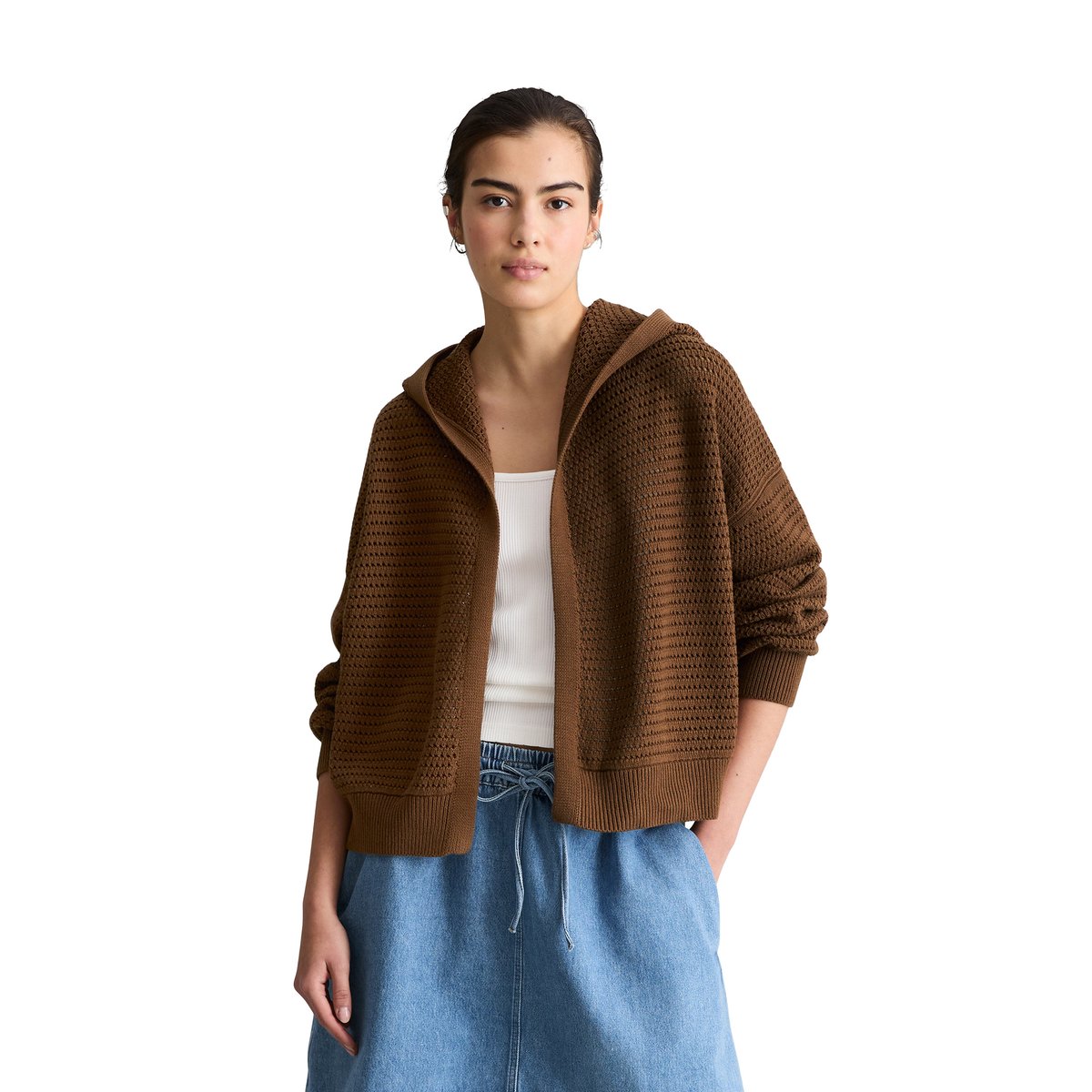 Cardigan à capuche loose en coton organique marron, MARC O’POLO DENIM